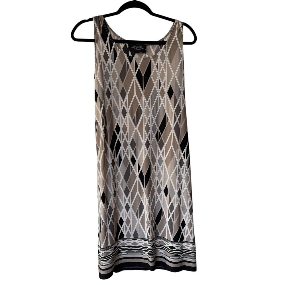 R & M Collection‎ Shift Dress Womens 8P Taupe Black Geometric Harlequin Print